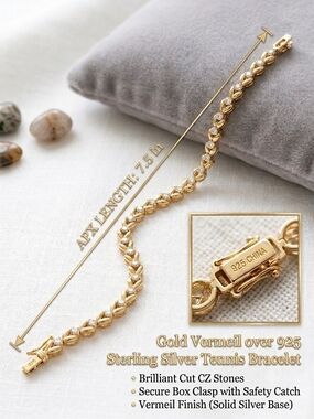 Gold Vermeil Tennis Bracelet over 925 Sterling Silver - 7.5 in